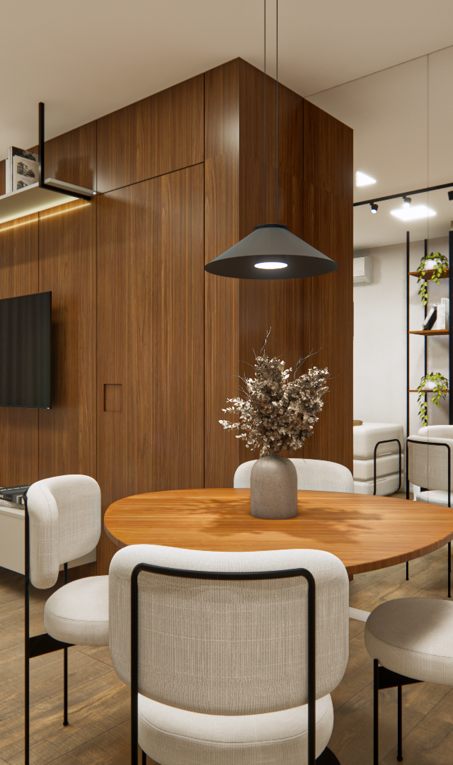 Projeto 3D: Sala com mesa redonda, painel de TV amadeirado e espelho junto à cozinha
