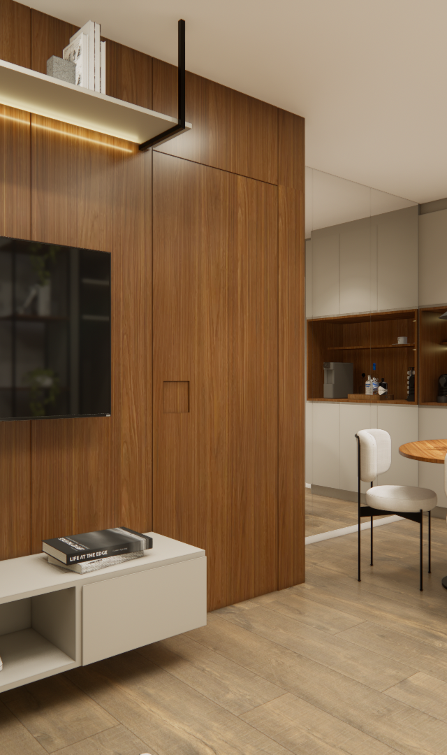 Projeto 3D: TV no painel amadeirado sobre rack claro, com mesa redonda ao fundo