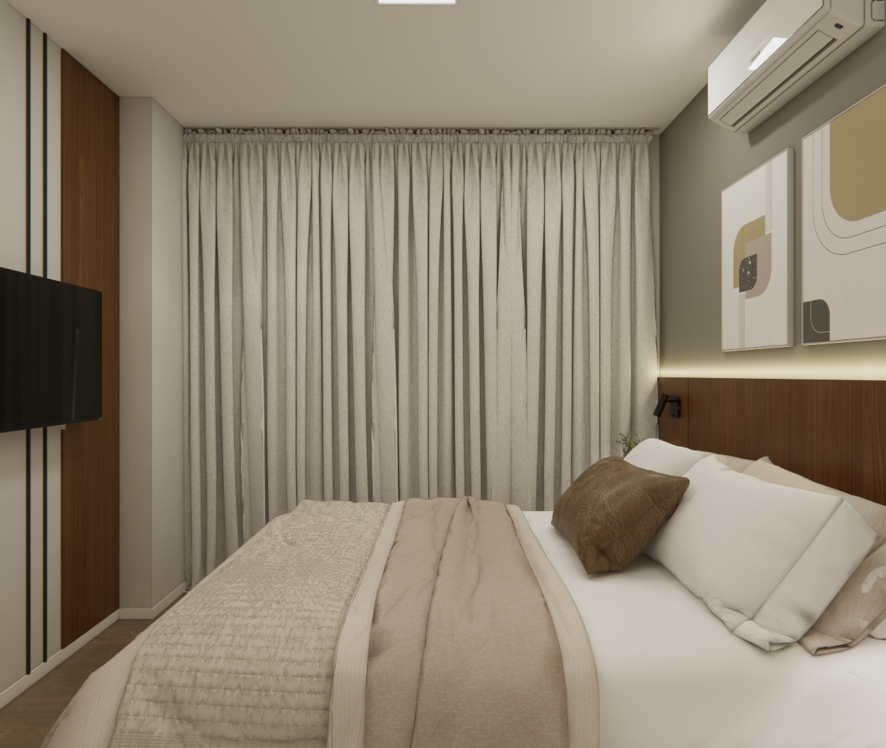 Projeto 3D: Cama com cabeceira amadeirada, quadros abstratos e TV diante da cortina