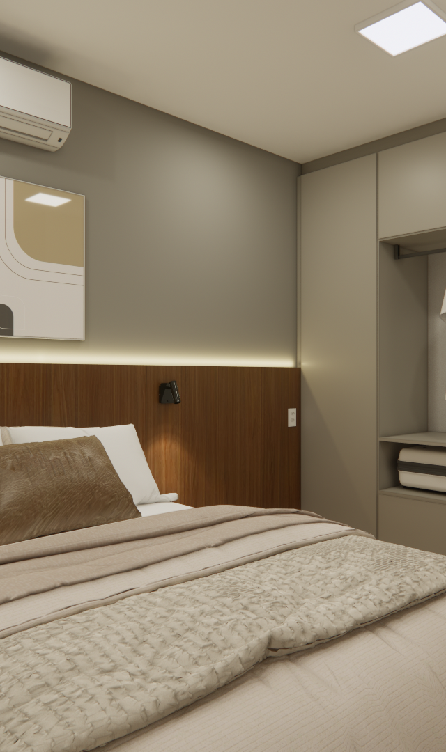 Projeto 3D: Cama com cabeceira iluminada, quadros abstratos e armário aberto ao fundo