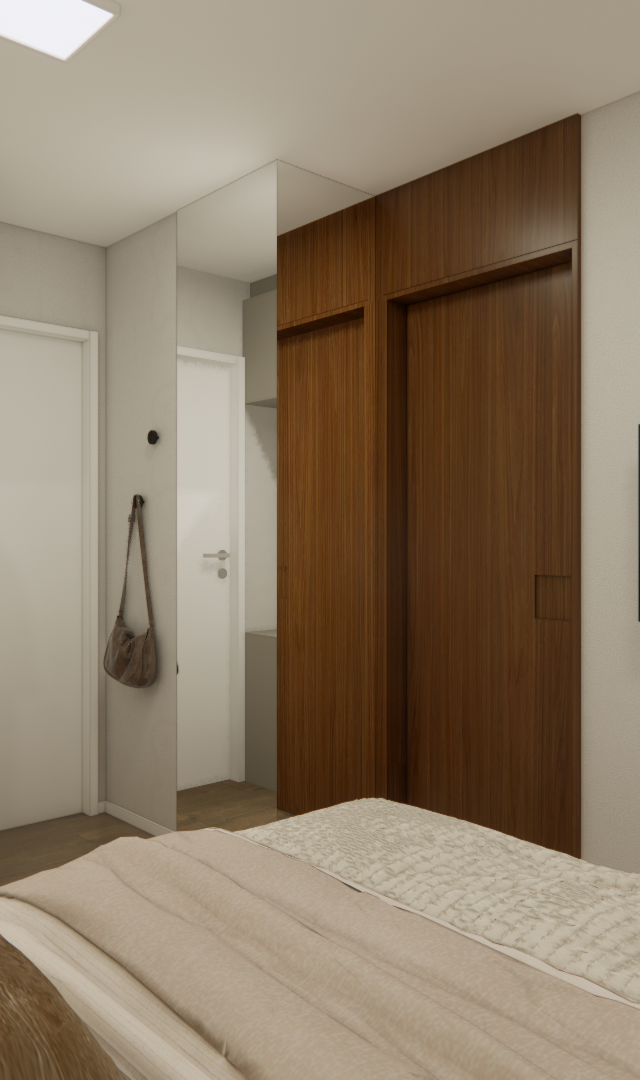 Projeto 3D: TV na parede diante da cama, com painel amadeirado e armário ao fundo