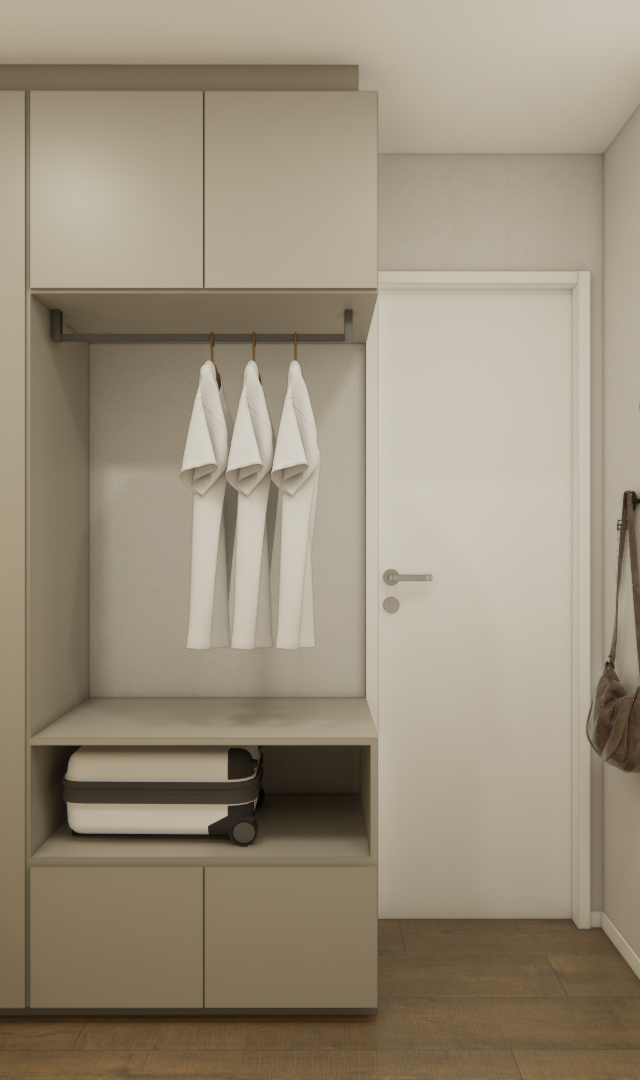 Projeto 3D: Armário do quarto parcialmente aberto, com cabides e gavetas