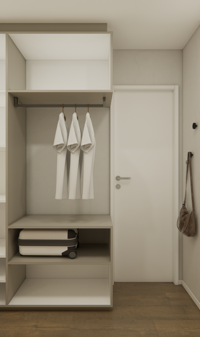 Projeto 3D: Armário do quarto aberto, com cabides, gavetas e prateleiras