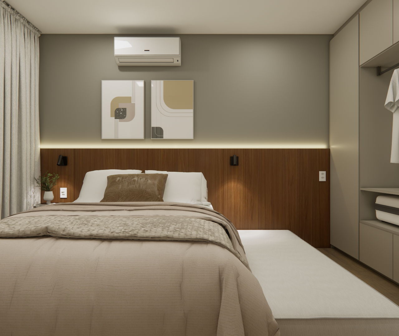 Projeto 3D: Cama de frente com quadros abstratos, cabeceira iluminada e armário ao lado