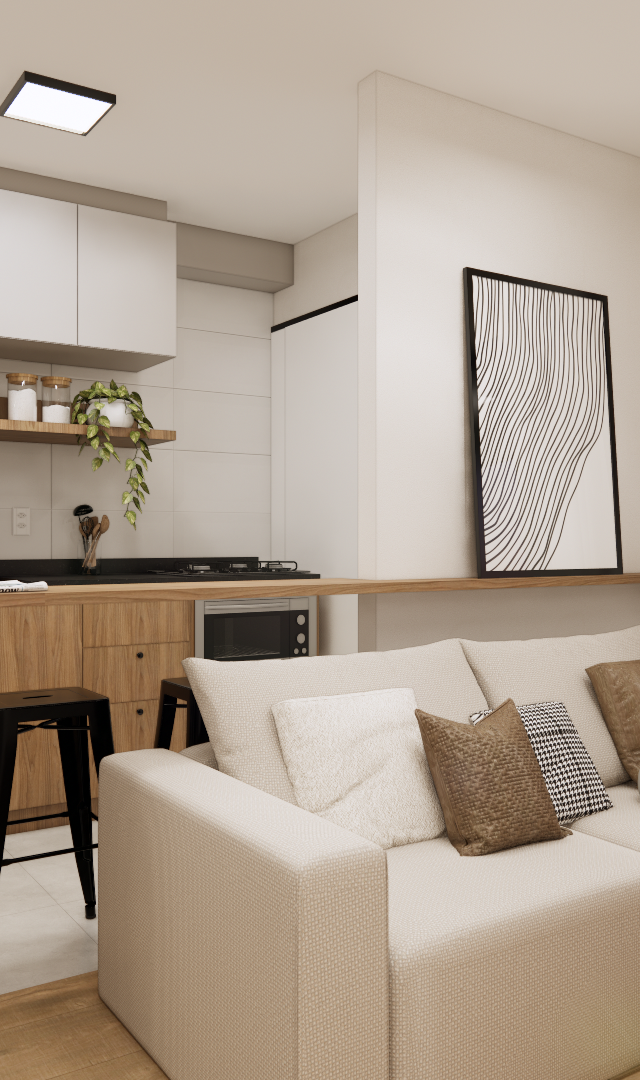 Render 3D de sala e cozinha integrada no NL High Line Tatuapé, com tons neutros, marcenaria em madeira e sofás bege
