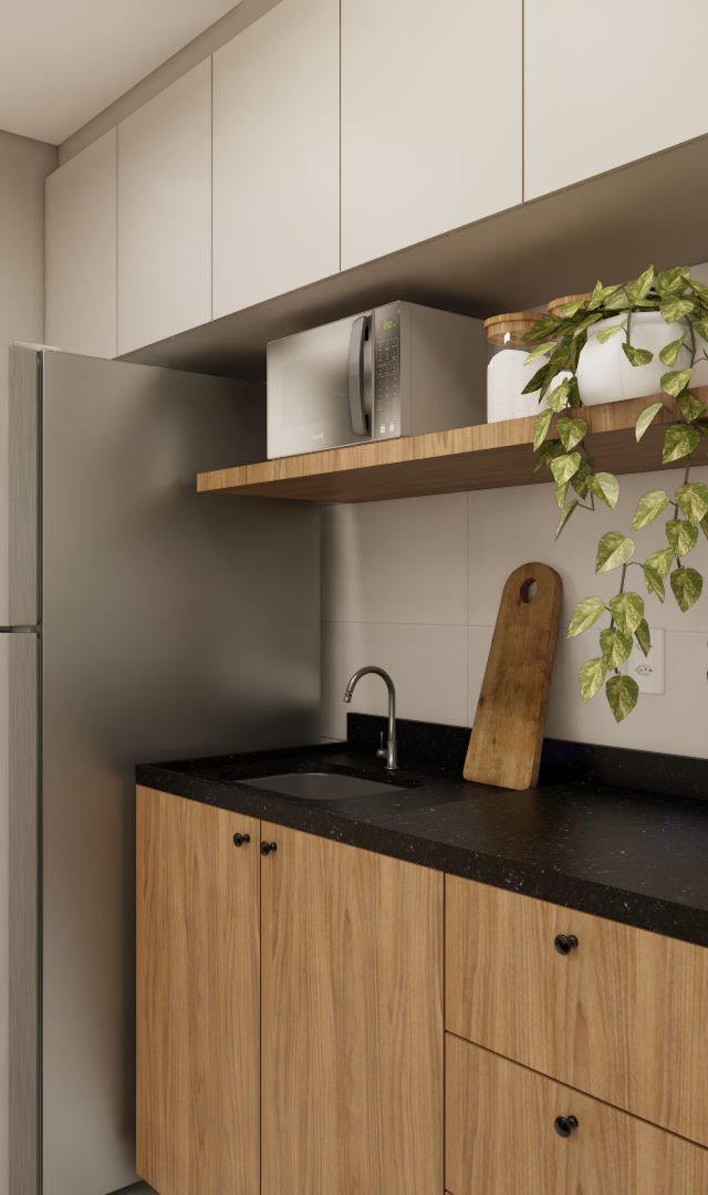 Render 3D de cozinha compacta NL High Line com armários em madeira, bancada preta, geladeira inox e prateleira decorada