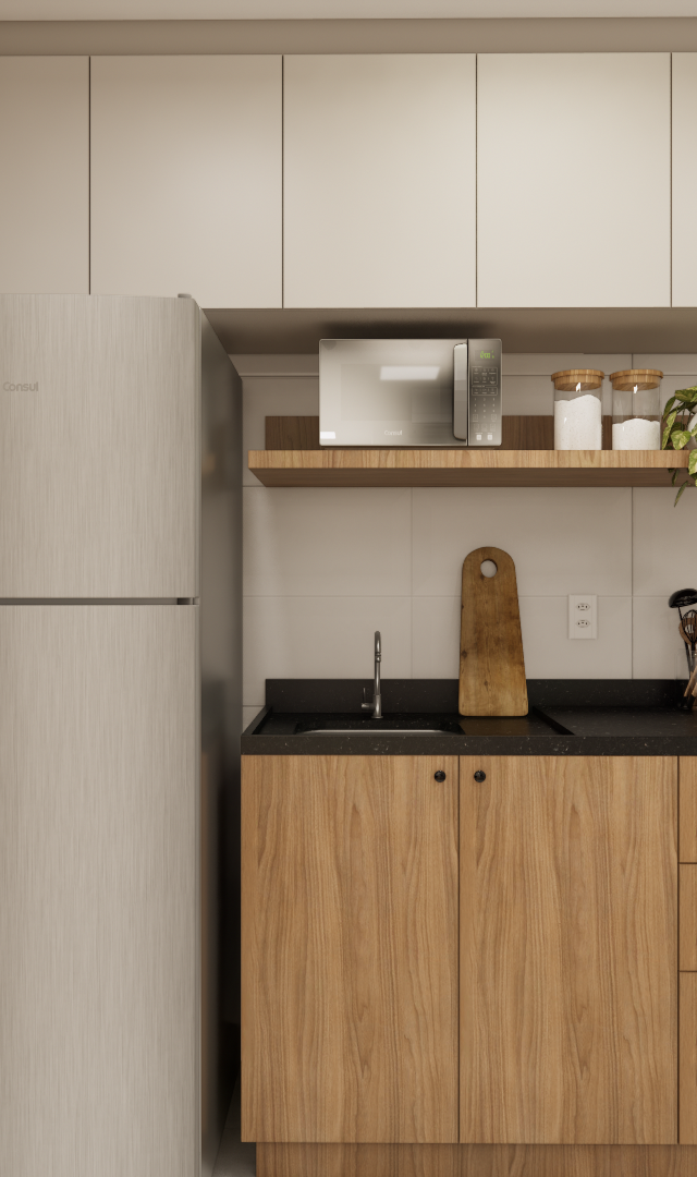 Render 3D de cozinha compacta NL High Line Tatuapé com marcenaria amadeirada, armários claros, pedra preta e eletros inox