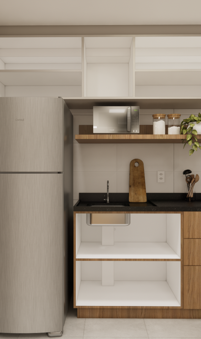 Render 3D de cozinha compacta no NL High Line Tatuapé com marcenaria em madeira e branca, bancada preta e geladeira inox