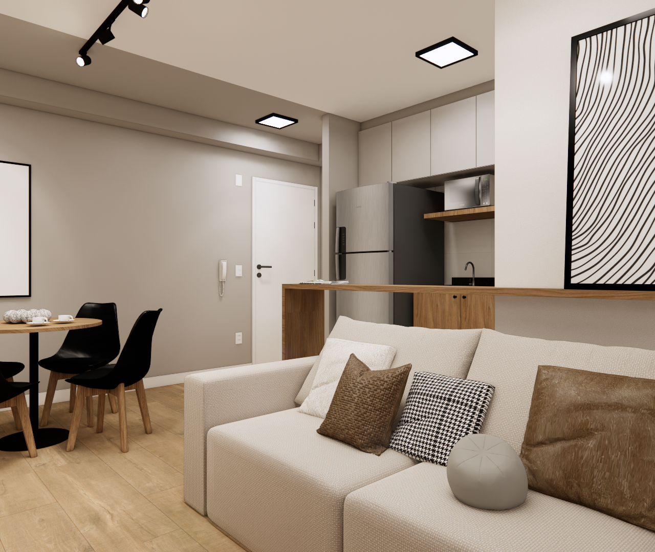 Render 3D de sala e cozinha integradas, NL - High Line Tatuapé, com sofá bege, mesa redonda e cadeiras pretas, tons neutros