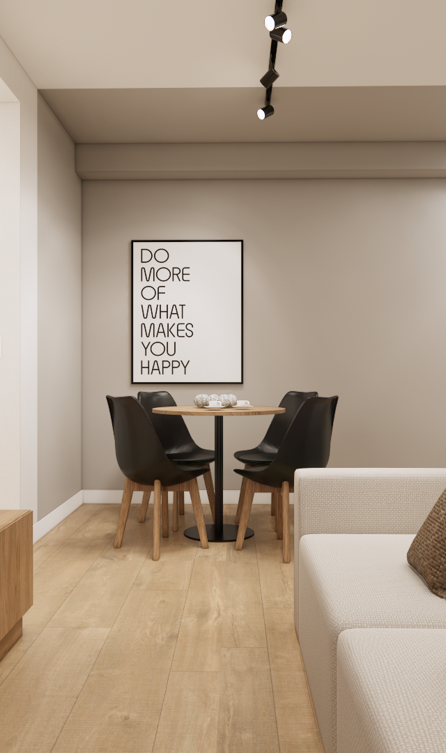 Render 3D de sala e jantar integradas, tons bege, móveis de madeira, sofá claro, cadeiras pretas e iluminação em trilho