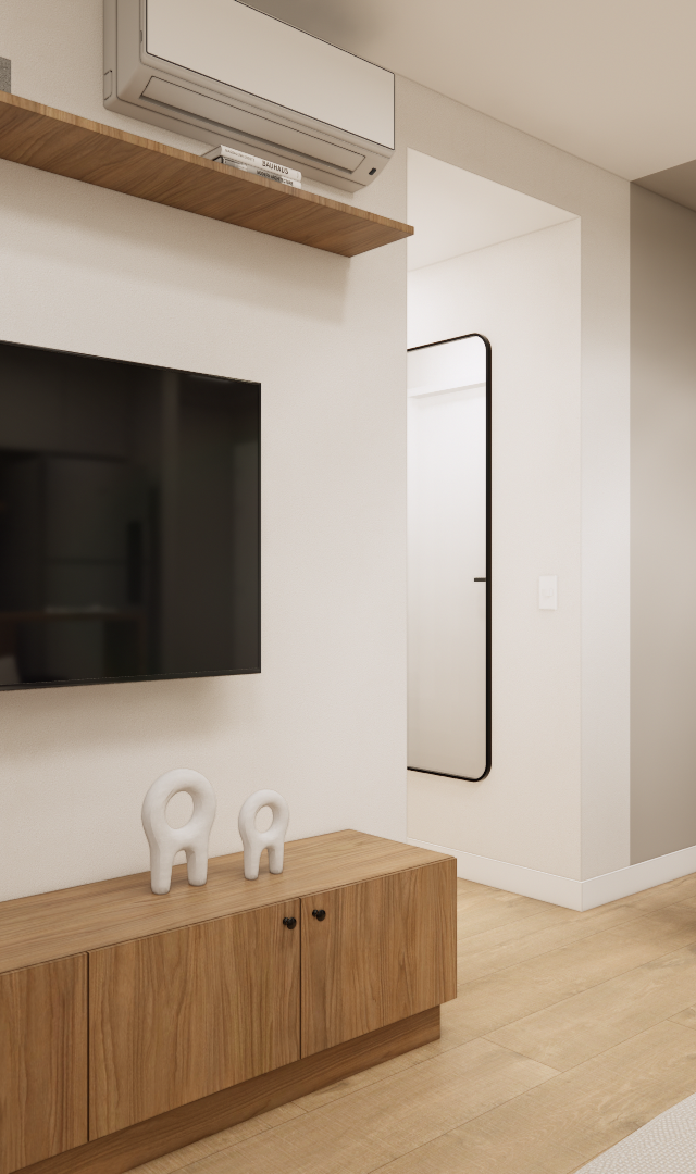 Render 3D de sala e jantar integradas, tons neutros, marcenaria em madeira clara, cadeiras pretas e iluminação quente