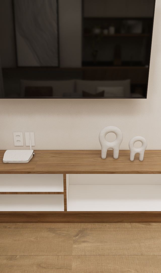 Render 3D de rack em madeira e nichos brancos com TV suspensa, adornos minimalistas e piso amadeirado em sala de estar