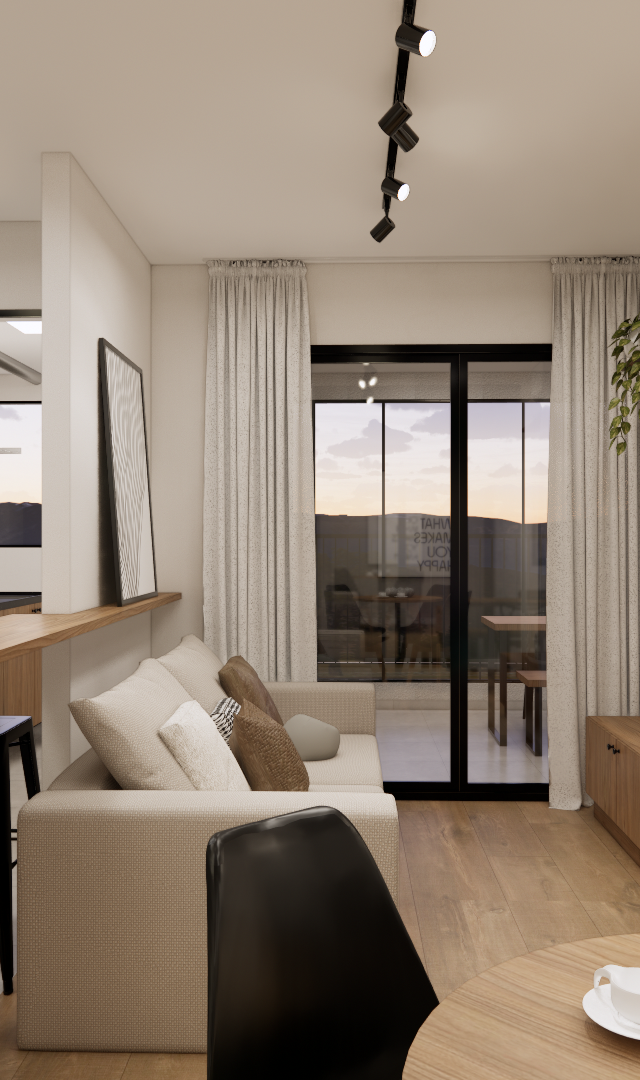 Render 3D de sala e cozinha integradas, móveis em madeira clara, sofá bege, mesa redonda com cadeiras pretas e iluminação