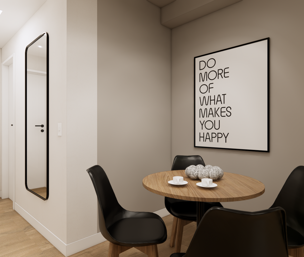 Render 3D da sala de jantar no NL High Line Tatuapé, mesa redonda de madeira, cadeiras pretas e quadro com frase na parede