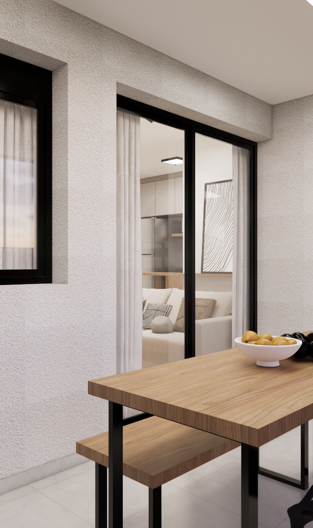 Render 3D de varanda gourmet no NL High Line Tatuapé, mesa em madeira, cadeiras pretas, churrasqueira e iluminação natural