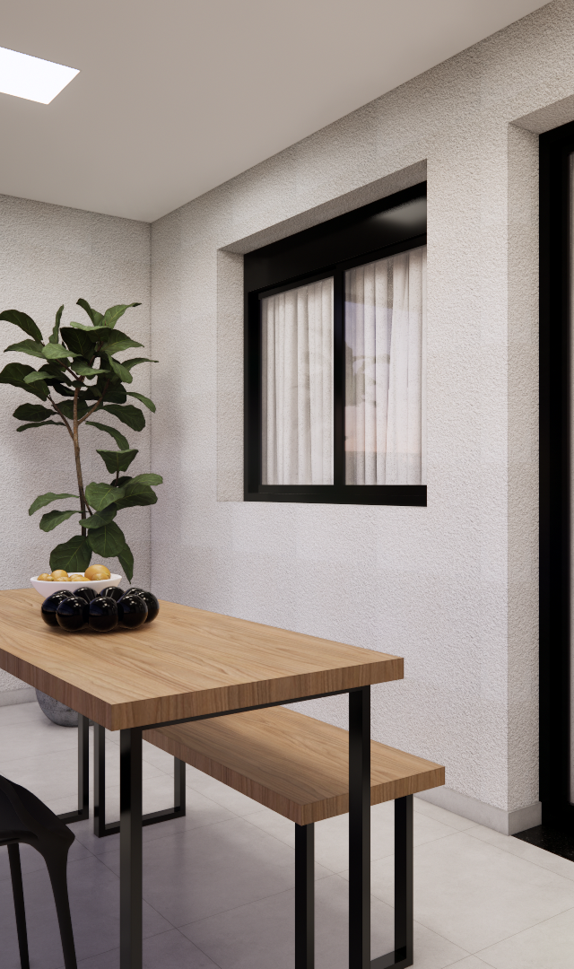 Render 3D de varanda gourmet no NL - High Line Tatuapé com mesa de madeira, cadeiras pretas e iluminação embutida