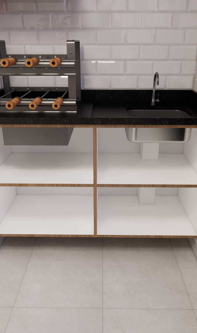 Render 3D de área gourmet no NL High Line Tatuapé com bancada preta, grill, nichos brancos e revestimento estilo metrô