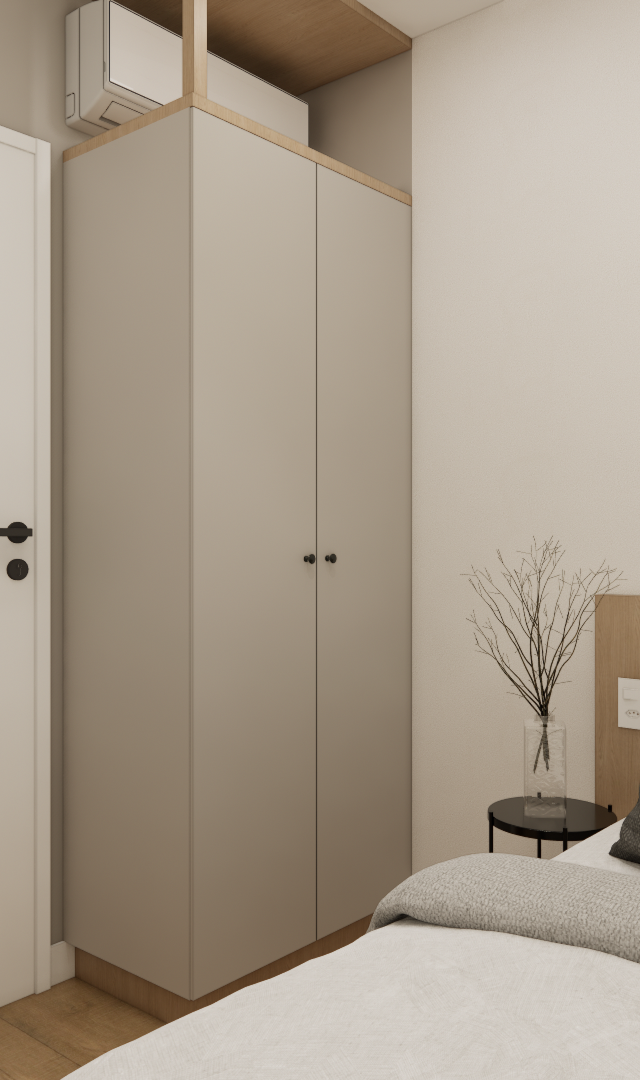 Render 3D de quarto no NL High Line Tatuapé com armário bege, cabeceira de madeira, porta branca e paleta neutra clara