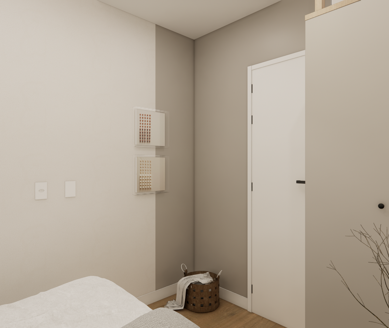 Render 3D de quarto minimalista no NL High Line Tatuapé, tons neutros, armário cinza, porta branca e quadros decorativos