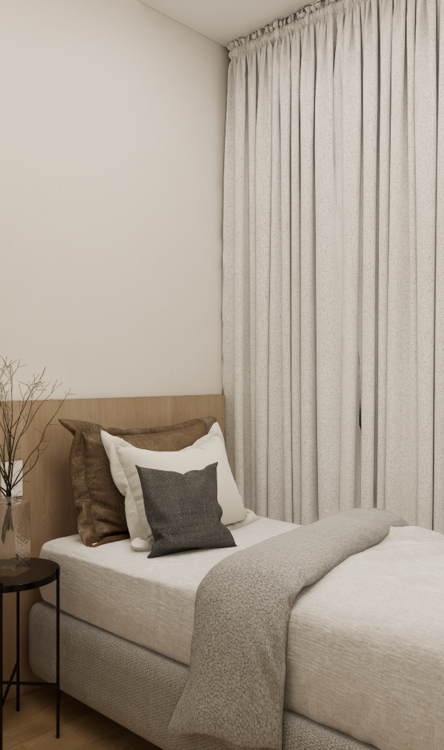Render 3D de dormitório no NL High Line Tatuapé com cama de solteiro, cabeceira em madeira, cortina clara e tons neutros