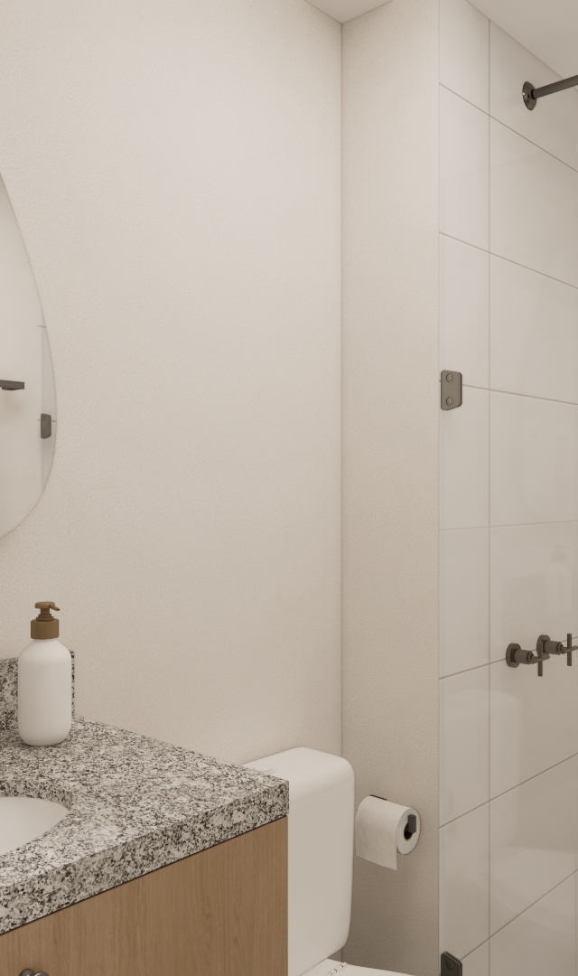 Render 3D de banheiro no NL High Line Tatuapé com bancada em granito, gabinete amadeirado, espelho orgânico e metais pretos