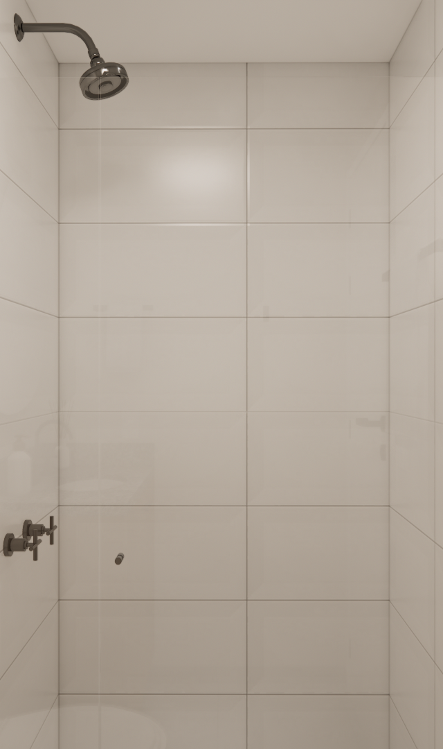 Render 3D de banheiro no NL High Line Tatuapé, com revestimento branco, metais pretos foscos e iluminação clara