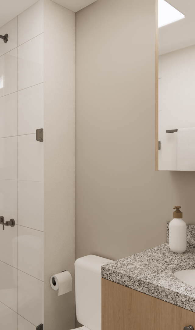 Render 3D de banheiro no NL - HIGH LINE TATUAPÉ com azulejos brancos, bancada em granito, metais pretos e marcenaria clara
