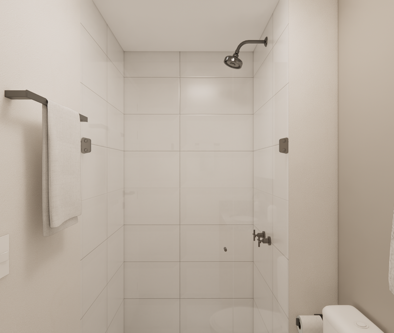 Render 3D de banheiro no NL High Line Tatuapé, com box de vidro, azulejos brancos, metais pretos e tons neutros