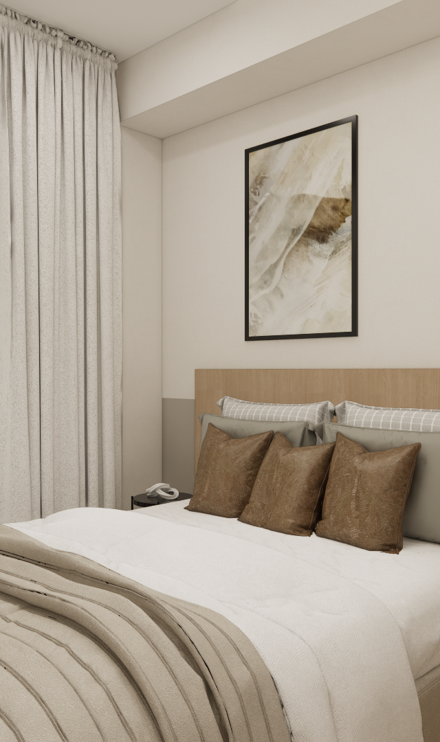 Render 3D de quarto NL High Line Tatuapé com cama, cabeceira de madeira, cortina clara, cores neutras e iluminação suave