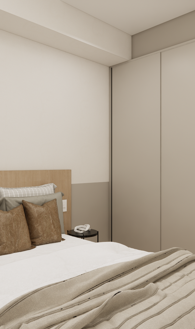 Render 3D de quarto no NL High Line Tatuapé com cama, cabeceira de madeira, armário bege, quadros e tons neutros