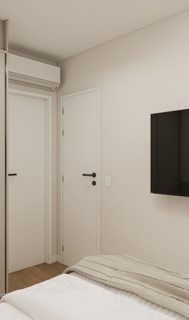 Render 3D de quarto com marcenaria bege, paredes claras, TV na parede, portas brancas e roupa de cama em tons neutros