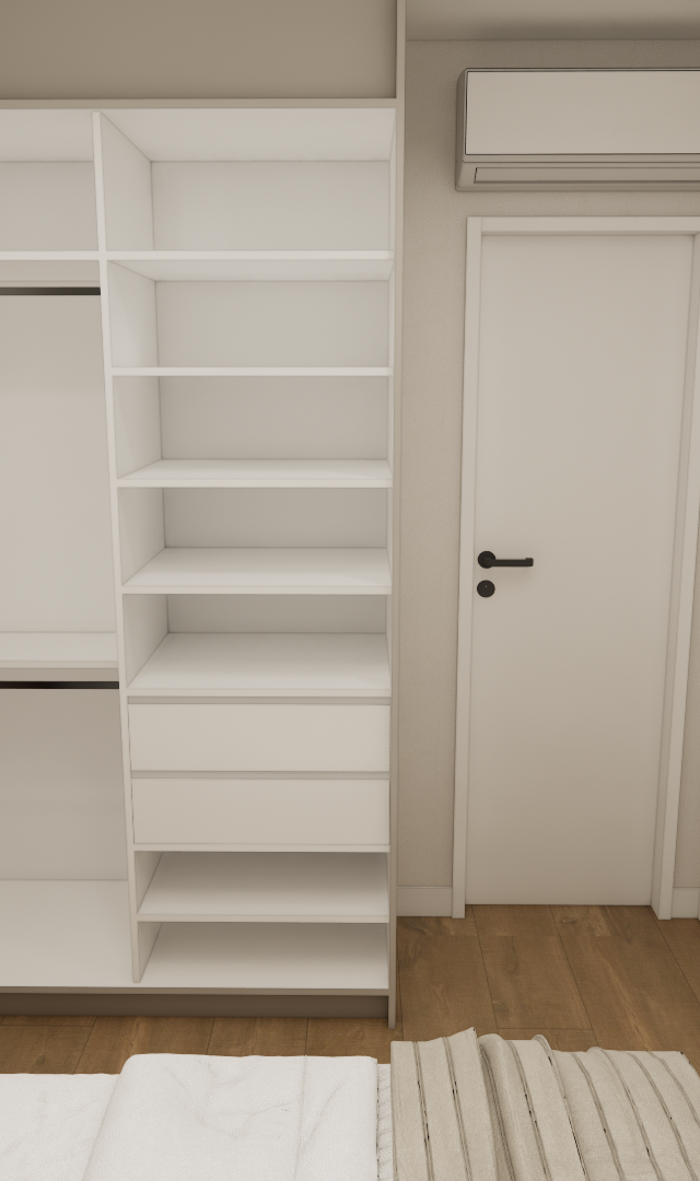 Render 3D de dormitório no NL High Line Tatuapé com guarda-roupa branco aberto, portas, TV e detalhes em madeira clara