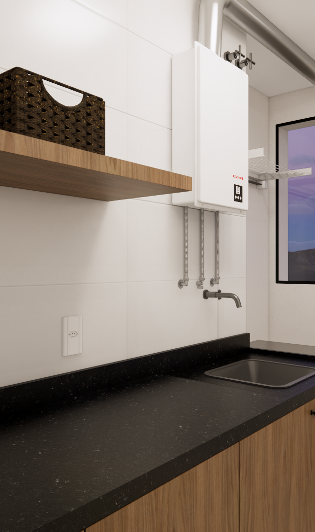 Render 3D da lavanderia NL High Line Tatuapé com bancada preta, marcenaria em madeira, prateleira e aquecedor de parede