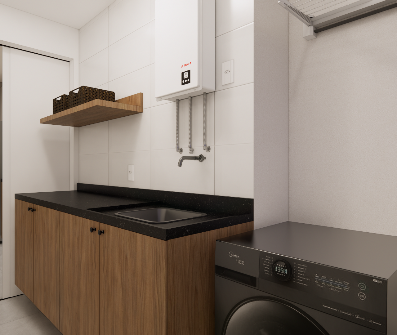 Render 3D de lavanderia no NL High Line Tatuapé com marcenaria amadeirada, bancada preta, aquecedor e máquina de lavar