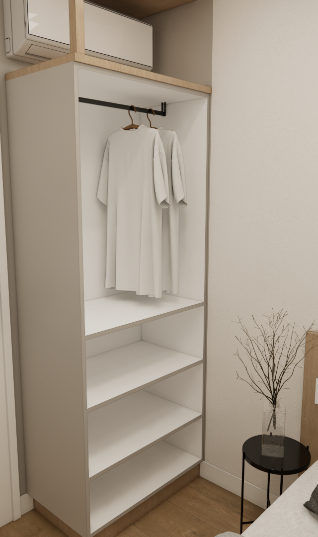 Render 3D de dormitório NL High Line Tatuapé com guarda-roupa aberto, marcenaria em tons neutros, cama e mesa lateral