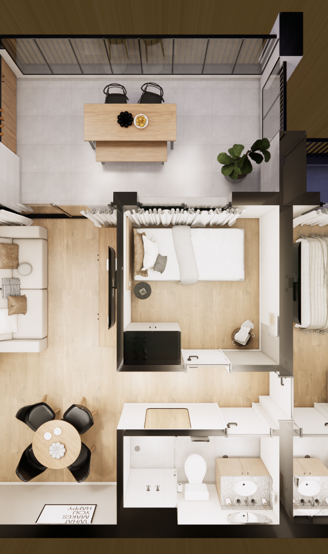 Planta baixa 3D do NL - HIGH LINE TATUAPÉ com layout de apartamento, móveis em tons neutros, madeira clara e piso amadeirado
