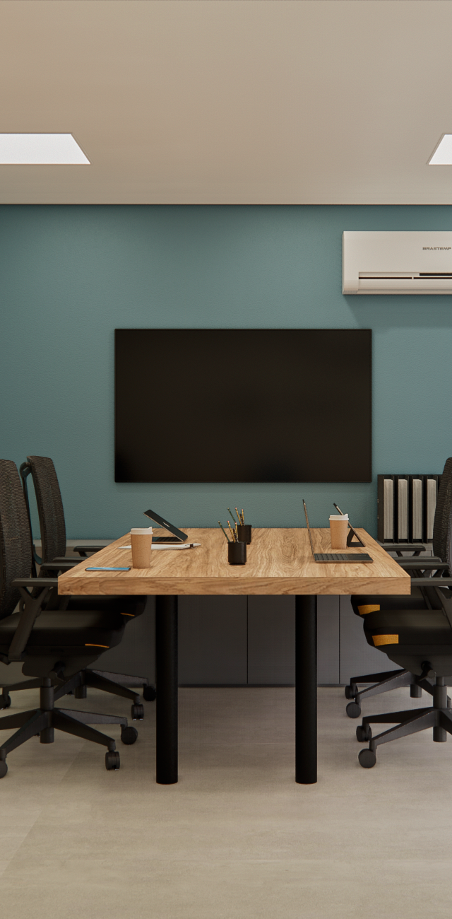 Render 3D de escritório com parede azul, mesa de madeira, cadeiras pretas, painel ripado e piso cinza em São Paulo