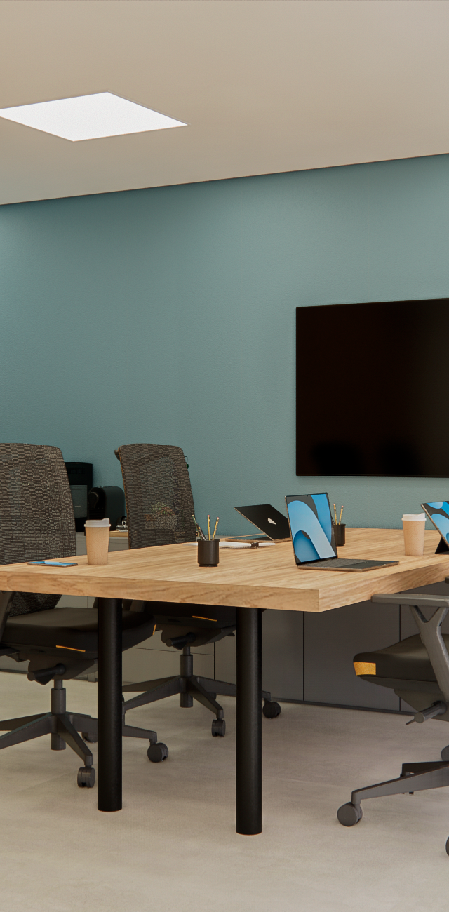 Render 3D de sala de reunião com mesa de madeira, cadeiras ergonômicas, parede azul, divisória ripada e ar-condicionado