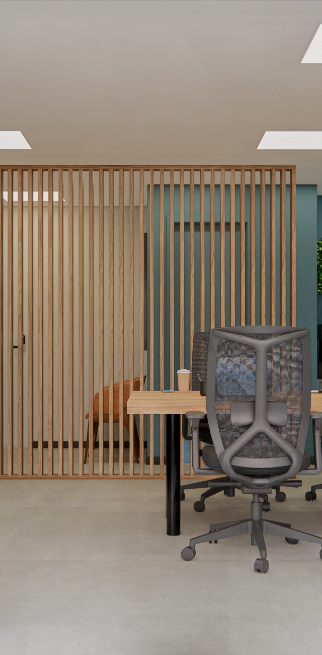 Render 3D de escritório moderno com divisória ripada em madeira, mesas de trabalho, cadeiras ergonômicas e paredes azul e cinza