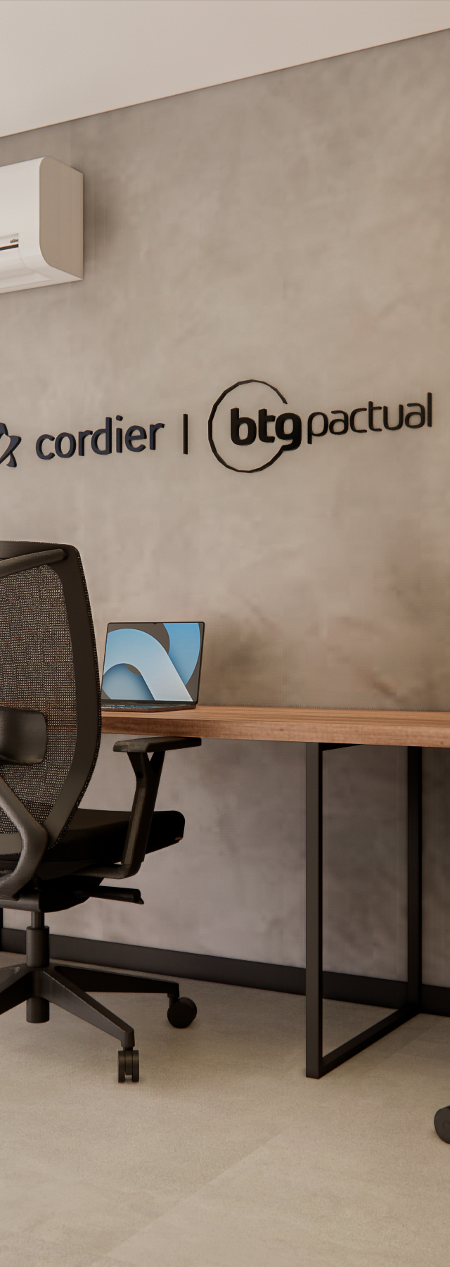 Render 3D de escritório com mesa de madeira, cadeiras ergonômicas pretas e parede de cimento queimado em São Paulo