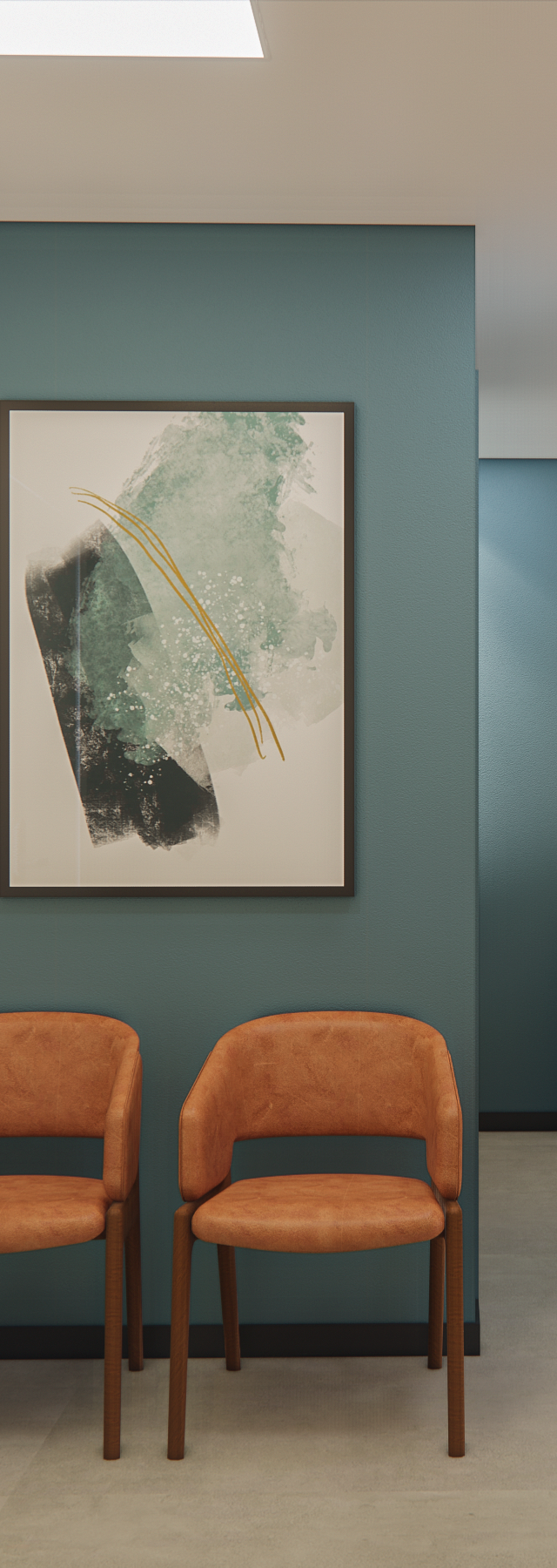 Render 3D de recepção com poltronas cor de caramelo, parede azul-petróleo, quadro abstrato e painel ripado de madeira
