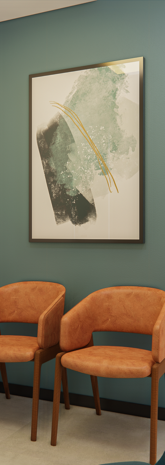 Render 3D de recepção com duas poltronas em tom terracota, parede azul-petróleo, quadro abstrato e painel ripado de madeira
