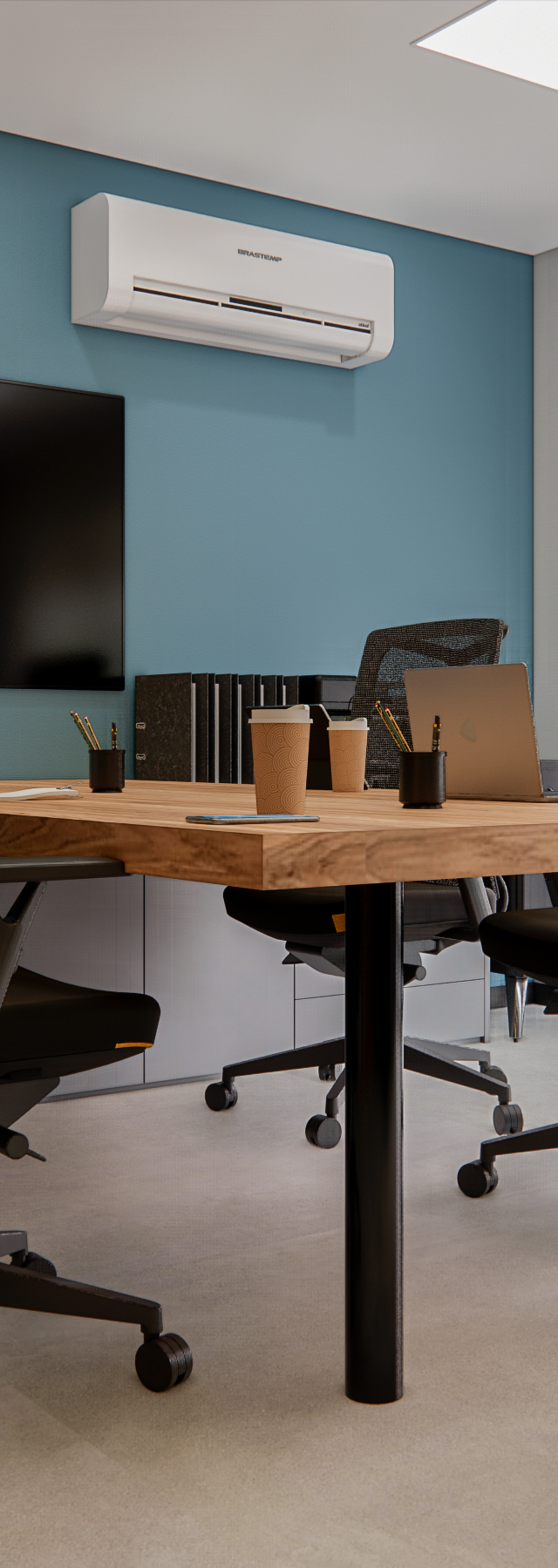 Render 3D de escritório corporativo com parede azul, mesa de madeira, cadeiras ergonômicas e vista para varanda em SP