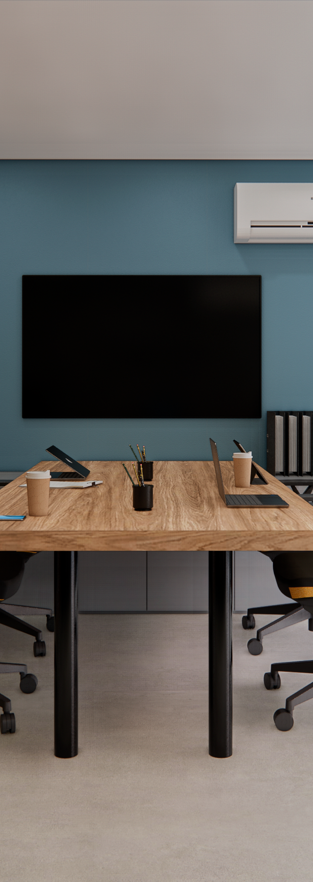 Render 3D de sala de reunião com parede azul, mesa de madeira, cadeiras pretas, marcenaria cinza e painel ripado lateral