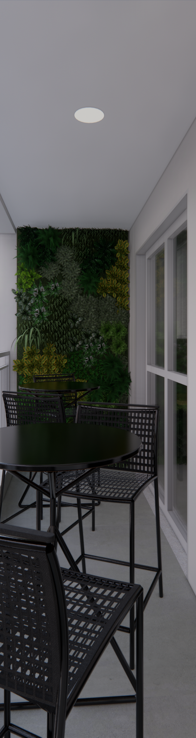Render 3D de varanda gourmet com mesa e cadeiras pretas, jardim vertical e vista urbana no Via Alameda, São Paulo
