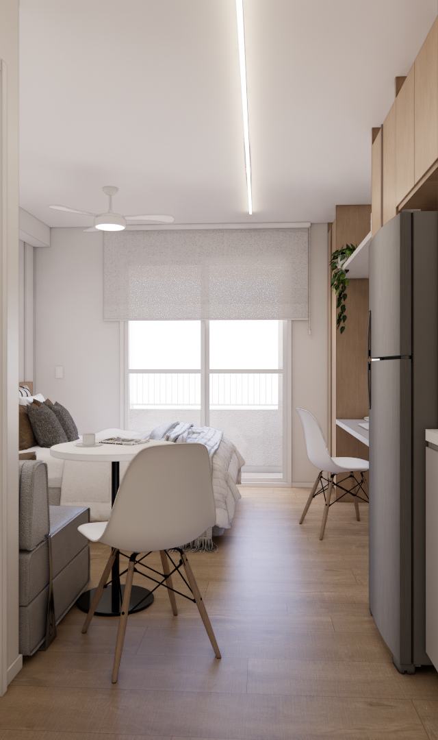 Render 3D de apartamento compacto Metrocasa Berrini com cozinha em tons neutros, madeira, móveis brancos e luz natural