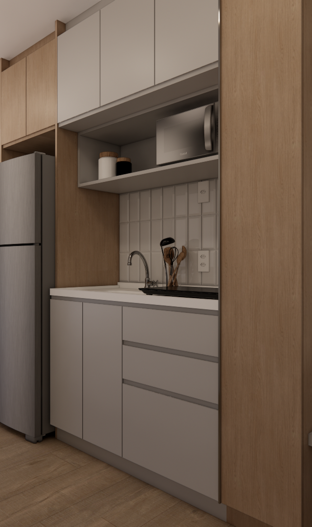 Render 3D de apartamento compacto com marcenaria em tons de madeira e cinza, cozinha integrada, mesa e iluminação linear
