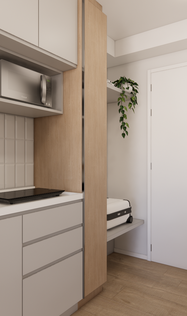 Render 3D de cozinha compacta Metrocasa Berrini com marcenaria cinza e madeira, revestimento branco e iluminação clara