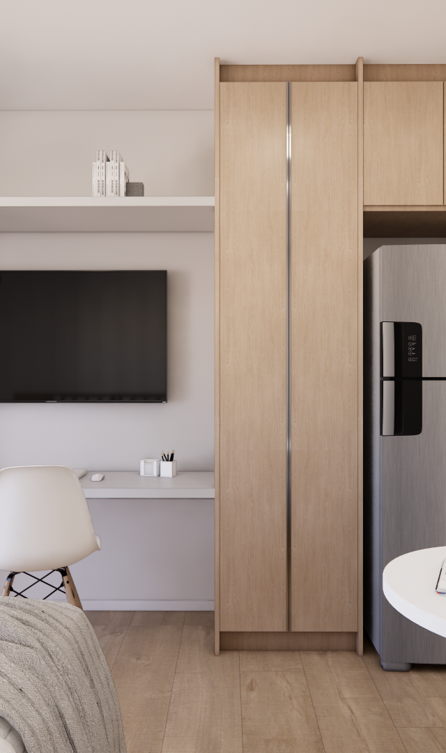 Render 3D de estúdio integrado PRG Metrocasa Berrini com marcenaria em madeira clara, cozinha cinza, mesa e cadeiras brancas