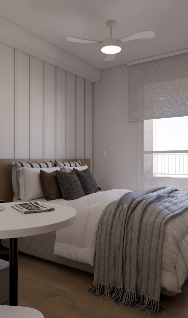 Render 3D de quarto no Metrocasa Berrini com tons neutros, boiserie, cama de casal, mesa redonda e bancada de estudo